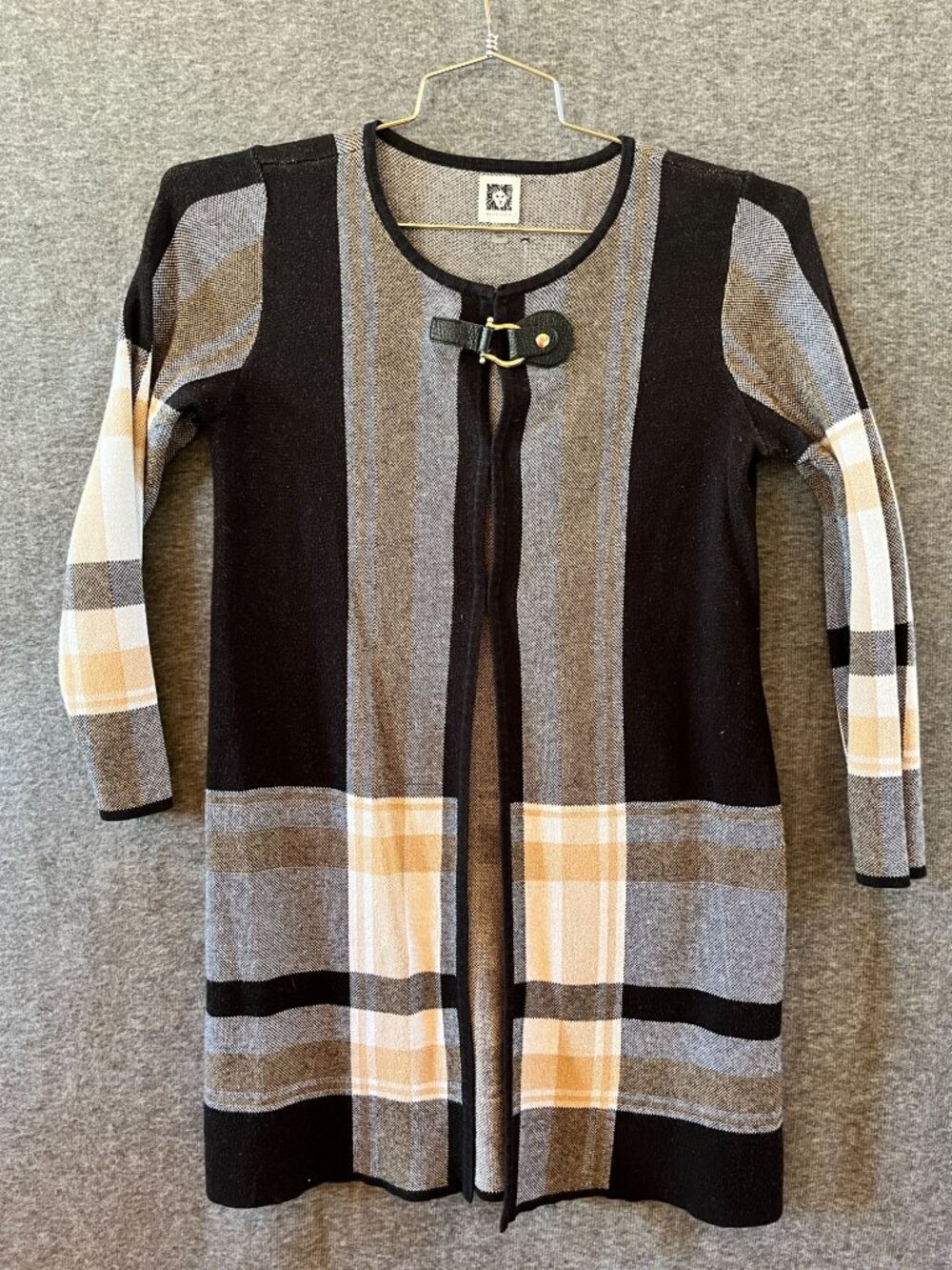 Anne Klein Small S black tan plaid long sleeve womens cardigan leather clasp